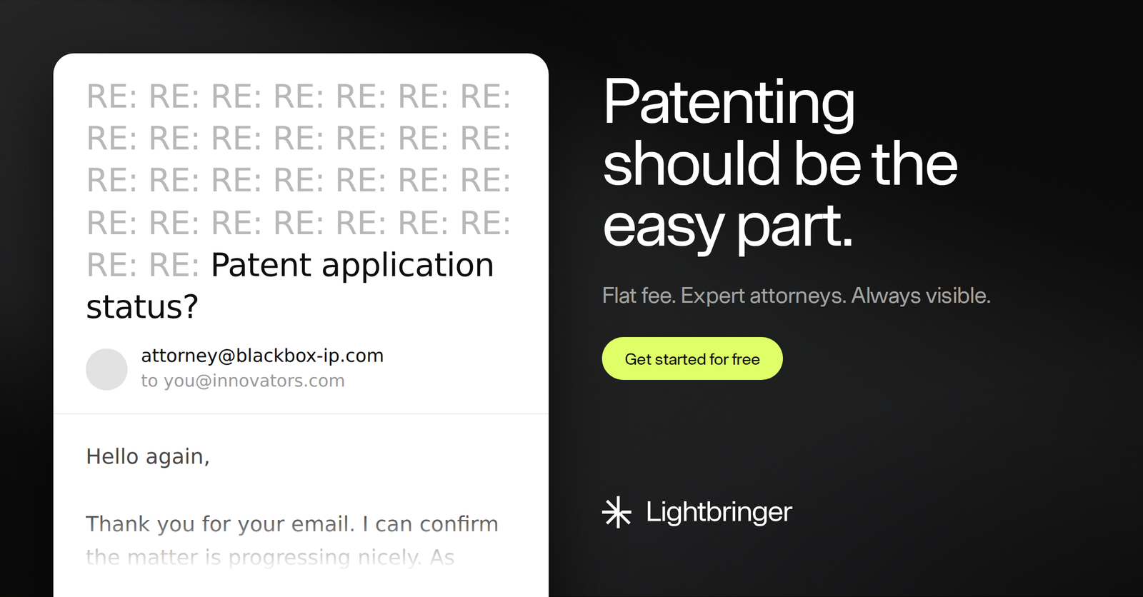 LinkedIn ad: an email thread with a patent attorney, the subject line buried under a wall of RE:, beside the headline &ldquo;Patenting should be the easy part.&rdquo;