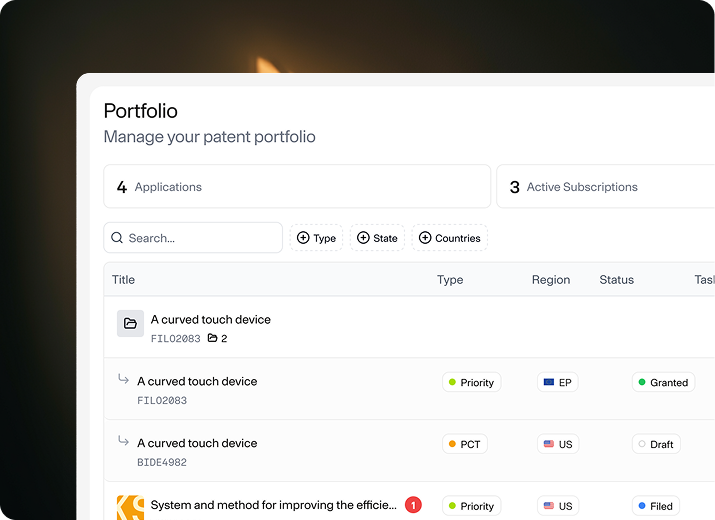 Portfolio view showing every application, its type, region and status